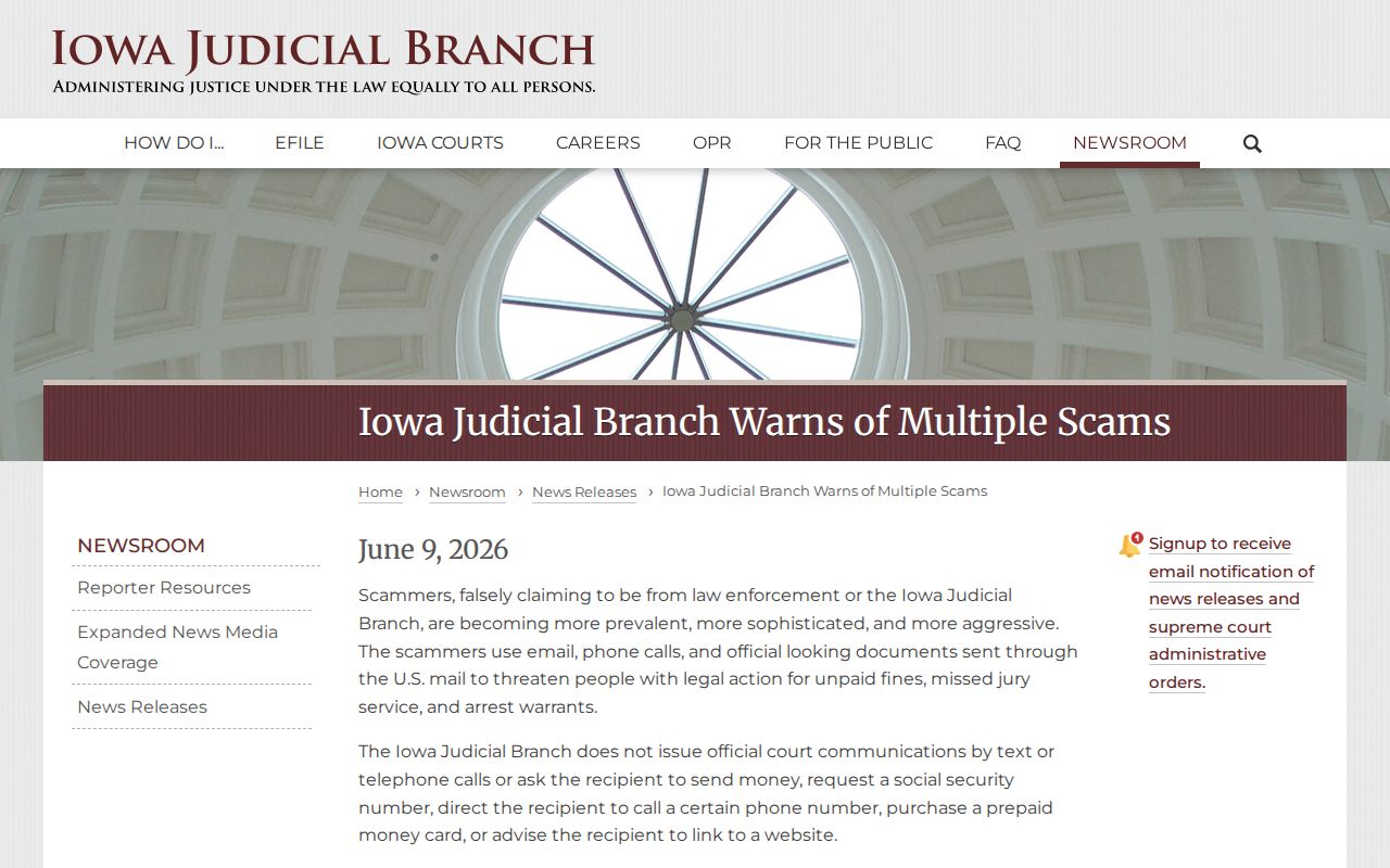 Floyd County traffic warrant scam warning from Iowa courts
