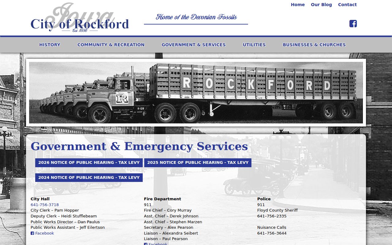 Official Rockford government services page showing city and Sheriff contact routes